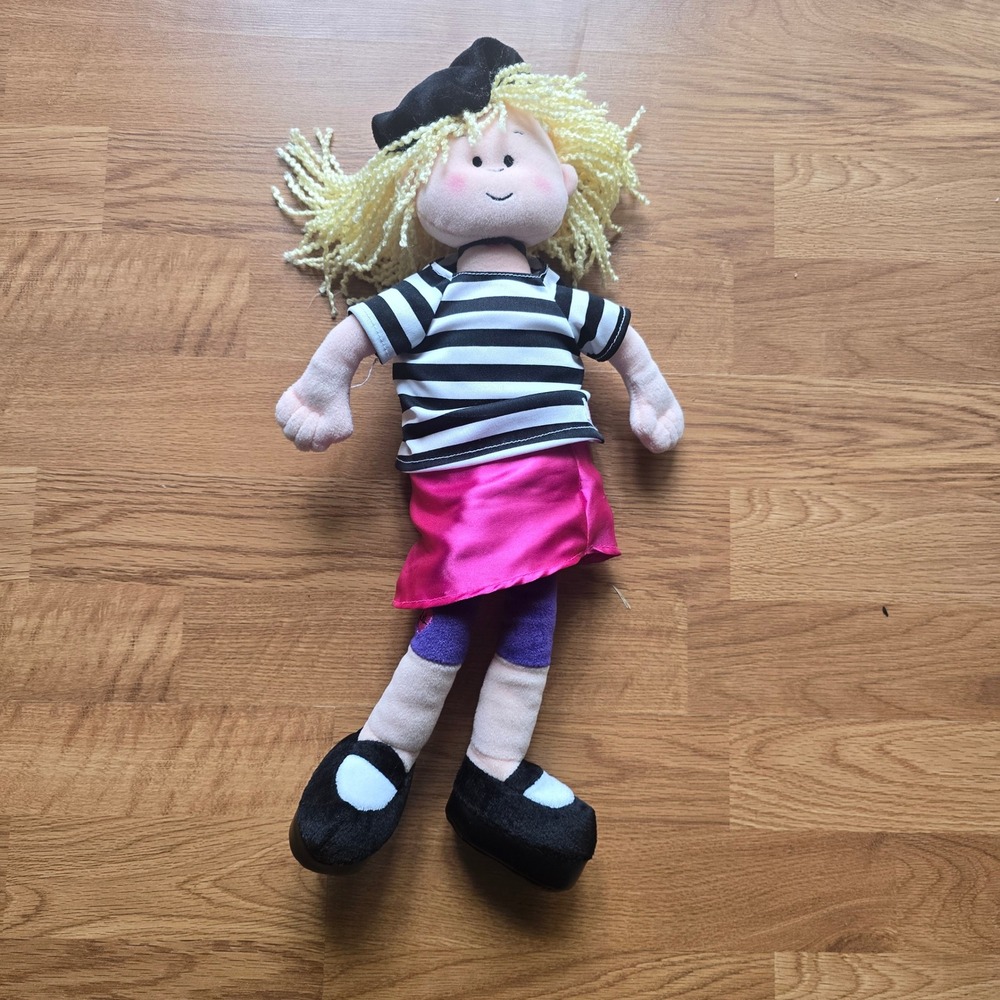 Manhattan Toy Groovy‎ Girls Plush Doll Blonde Yarn Hair Beret Striped Shirt 15"